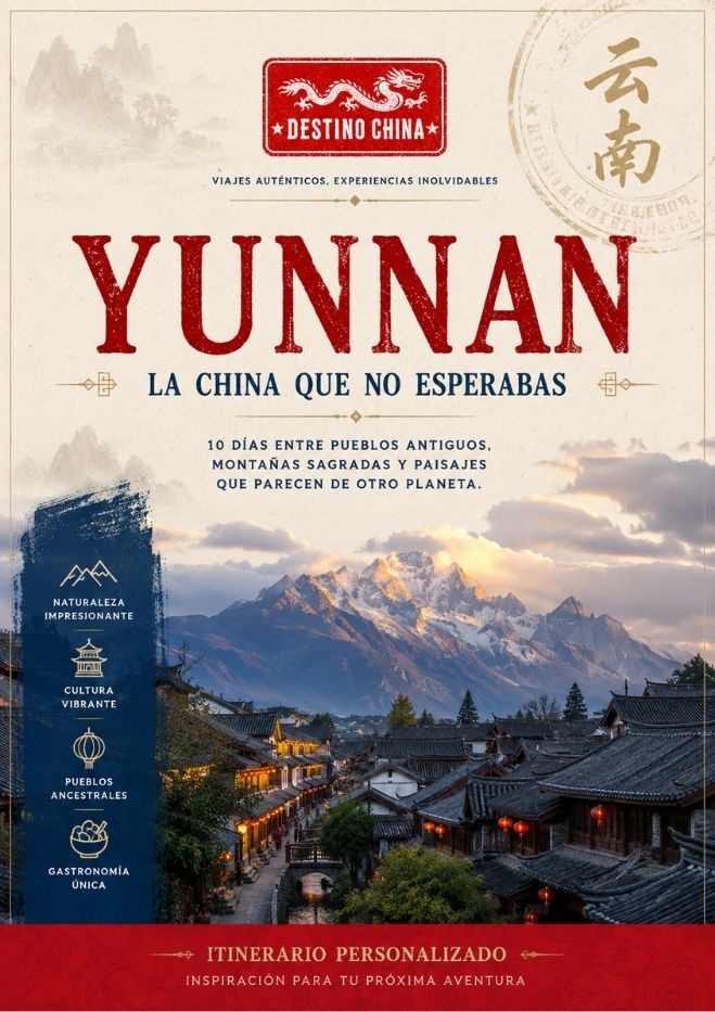 Cartel de itinerario de viaje a Yunnan de "Destino China", que muestra un pueblo tradicional con arquitectura antigua frente a una gran montaña nevada. El texto promociona un viaje de 10 días destacando su naturaleza, cultura, pueblos ancestrales y gastronomía.